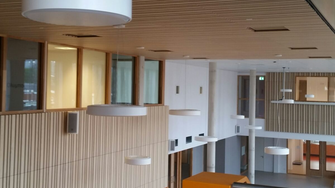 Wand- und Deckenpaneele aus Holz von Lambri sind auch in der Sekundarschule Driestar Leiden zu finden. | © Architectuurfotografen.nl