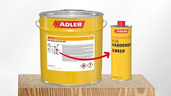 Gebinde von Lack und Härter wurden mit einem übersichtlichen Farb-Code ausgestattet.