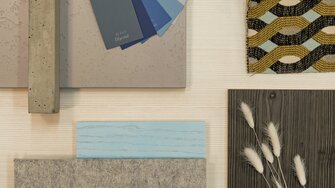 La composizione materica del Woodboard Nordic Blue trasmette un'atmosfera accogliente e nordica.